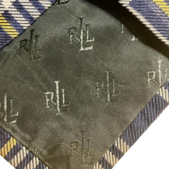 Lauren Ralph Lauren Navy & Yellow Plaid Silk Tie For Men - Picture 5 of 6